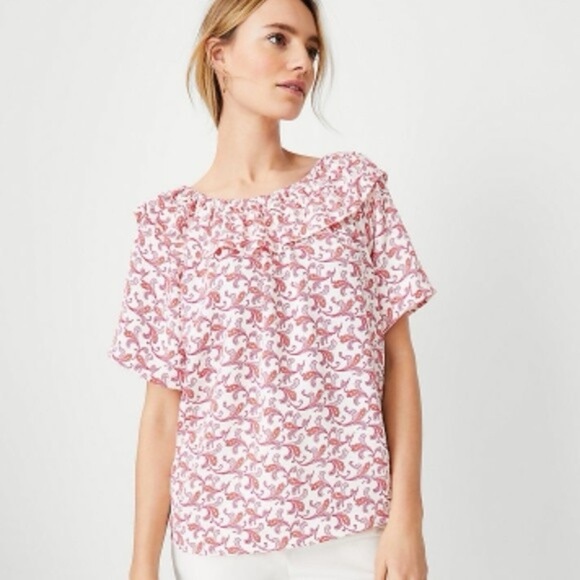 Ann Taylor Tops - Ann Taylor XXL Ruffle Neck Paisley Blouse Pink Red Short Sleeve Top